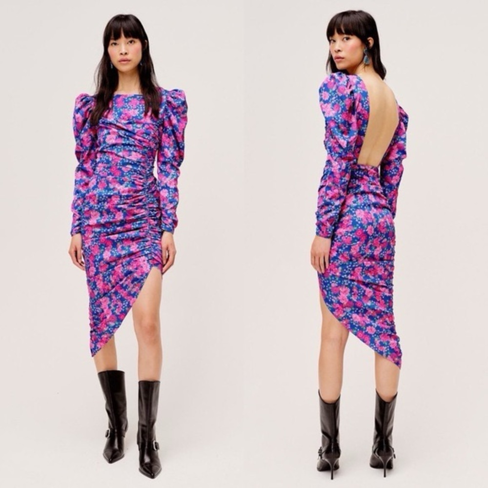 For Love & Lemons NWT Annie Ruched Satin Midi Dress in Cobalt/Pink Floral Small